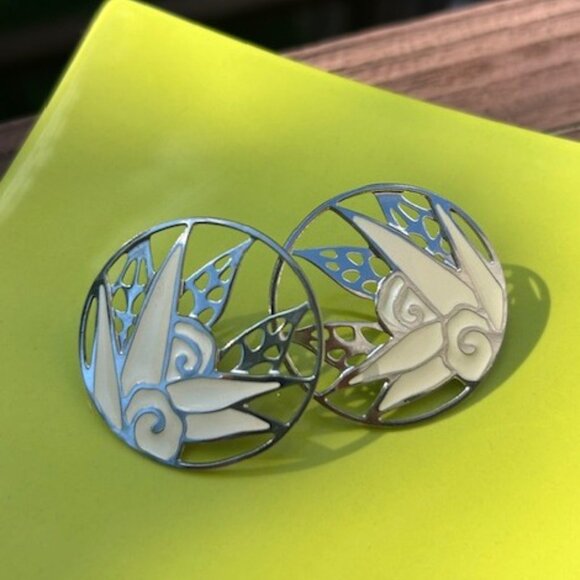 EDGAR BEREBI Cream Enamel Silver Round EARRINGS - Picture 6 of 8